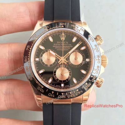 Best Swiss Copy Rolex Daytona Watch Rose Gold Black Dial Ceramic Bezel Rubber Band